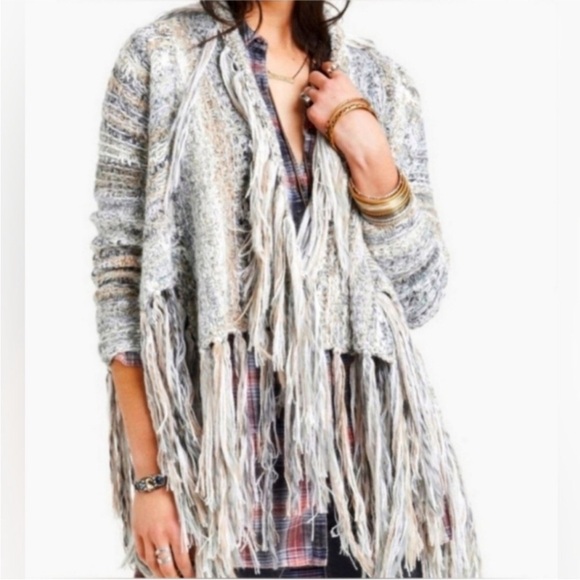 Free People Cardigan Sweater Sm Gray Birkenstock Fringe Alpaca Wool Boho Casual - Picture 1 of 8
